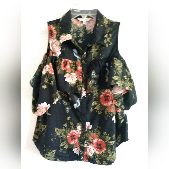 Pretty Hint of Blush Cold Shoulder Blouse Shirt Floral Birds Black Green Medium - Picture 1 of 6